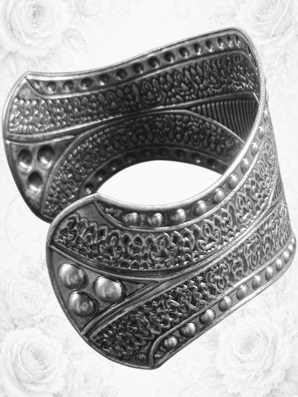 Intricate Textured Metal Cuff Bracelet - Silver Tone